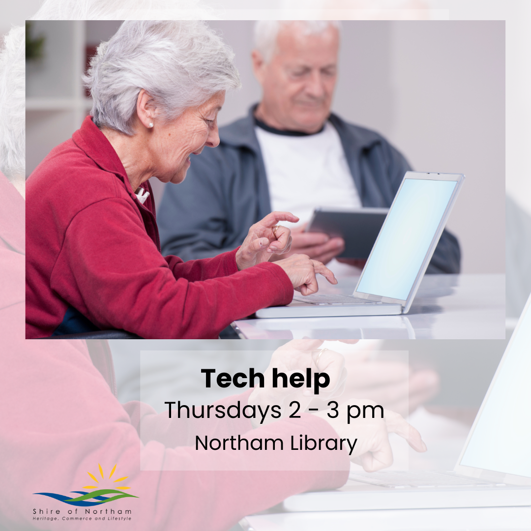 Two grey haried people having fun using technological devices.  Tech Help Thursdays 2 - 3 pm at Northam Library